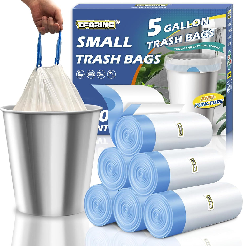 5 Gallon Trash Bags Drawstring 1.1 Mil - 120 Count 18 Liter Small Garbage Bags for Bathroom, Strong Unscented White Plastic Wastebasket Bin Liners for Kitchen Office Toilet and Bedroom