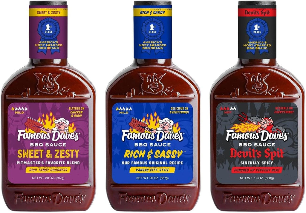 Famous Dave's BBQ Sauce Variety Bundle, 19 oz (Pack of 3) includes 1-Pack Rich & Sassy Flavor + 1-Pack Sweet & Zesty Flavor + 1-Pack Devil's Spit Flavor