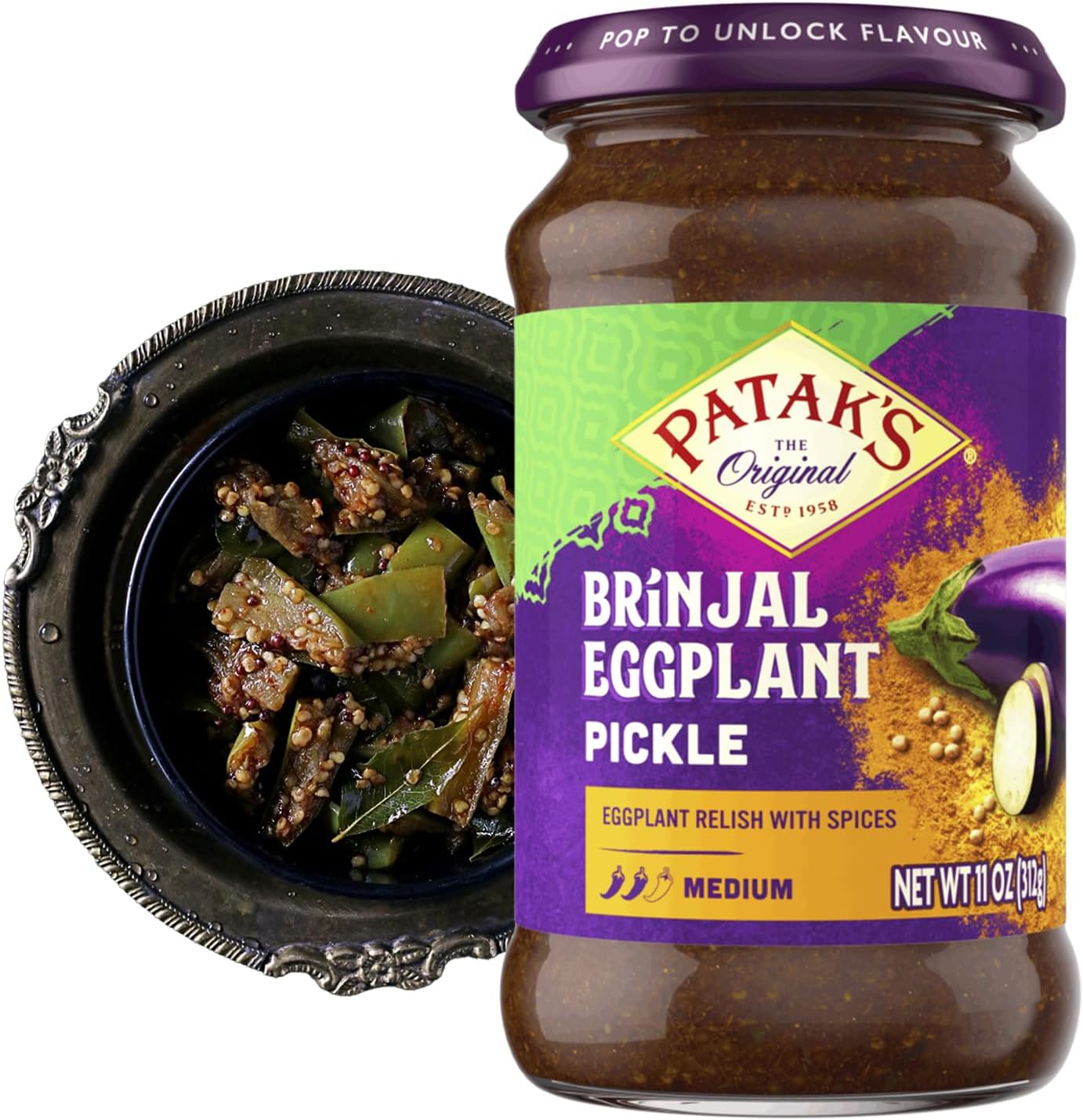 Patak’s Brinjal Eggplant Pickle - Medium Heat Spicy Indian Pickle Relish w/Mustard Seeds, Garlic & Aromatic Spices - Vegan & Gluten-Free Indian Eggplant Achar - Ready to Serve - 11oz Jar (Pack of 1)