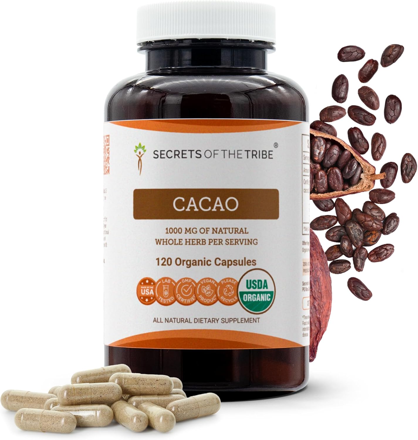 Cacao USDA Organic Capsules | Certified Organic Vegetarian Capsules, Herbal Dietary Supplement | Theobroma Cacao Dried Raw Beans (120 Count)