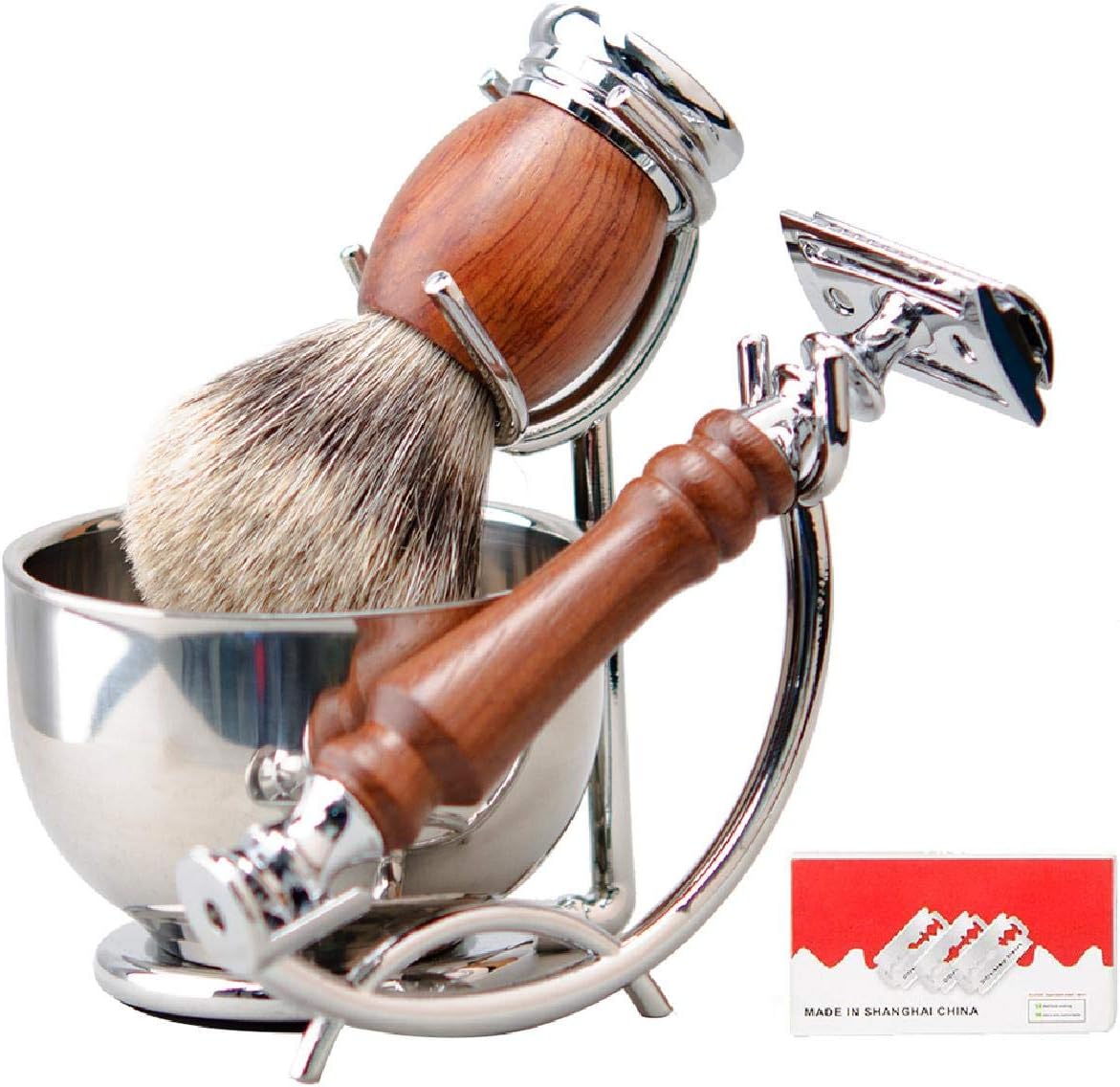 Grandslam Safety Razor Shaving Kit for Men,Pure Badger Hair Brush and Double Edge Safety Razor with Rosewood Handle, Stainless Steel Shaving Stand and Double Layer Large Bowl with 10 Blade