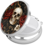 Skull Rose Pill Case, Halloween Pill Box 3 Compartments Metal Small Pill Holder with Mirror Mini Travel Pill Container for Purse Pocket Women Men