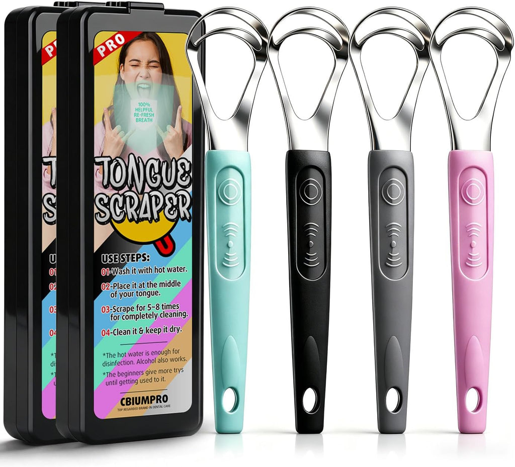 Cbiumpro 4-Pack Tongue Scraper for Kids & Adults, Stainless Steel Tongue Cleaner with Travel Case, Reduce Bad Breath