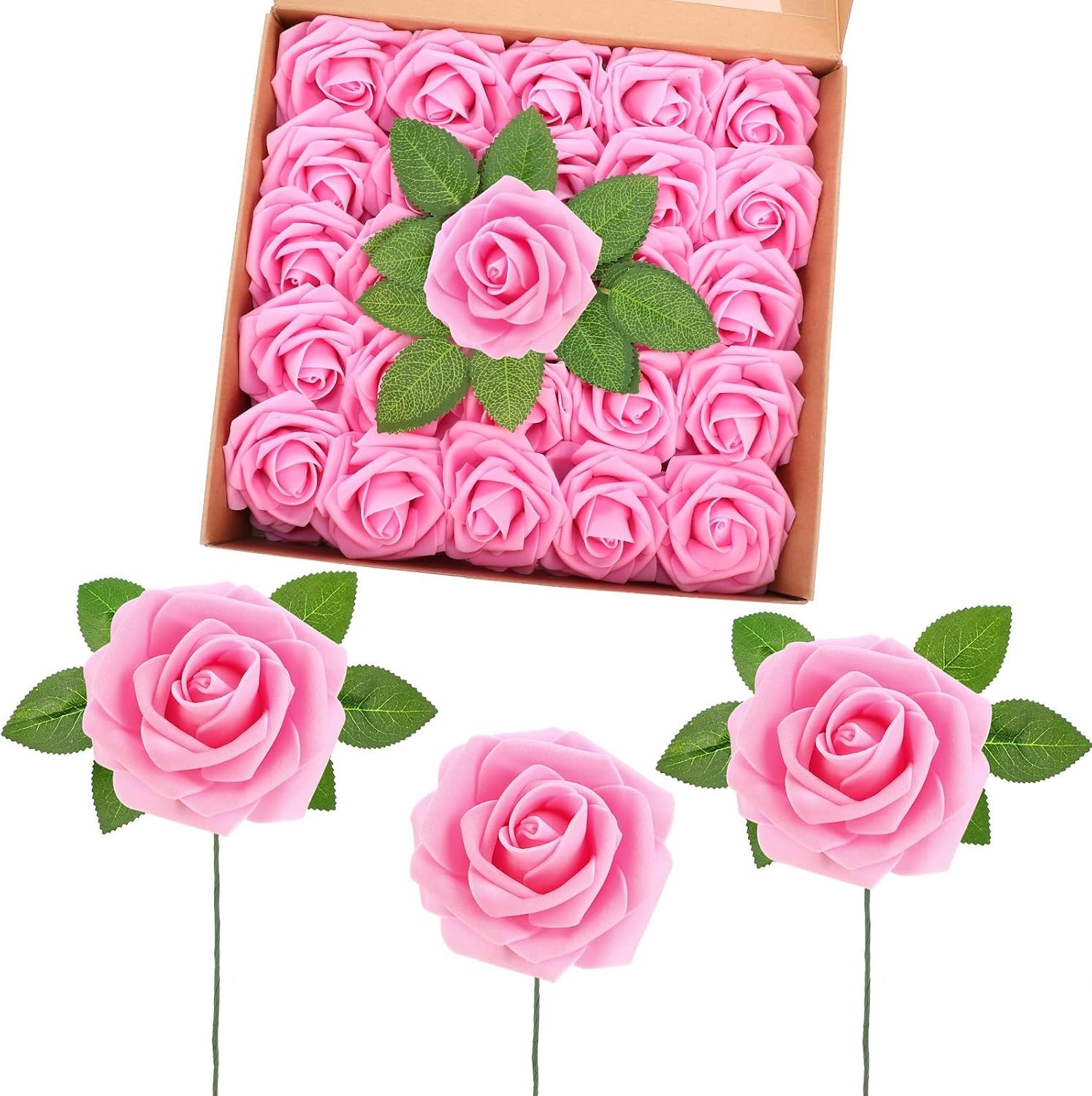 50 Pcs Artificial Foam Rose Flower Faux Bouquet Wedding Fake Rose Gift for Mother's Day Women DIY Bridal Shower Party Table Birthday Home Spring Decor (Bright Pink)