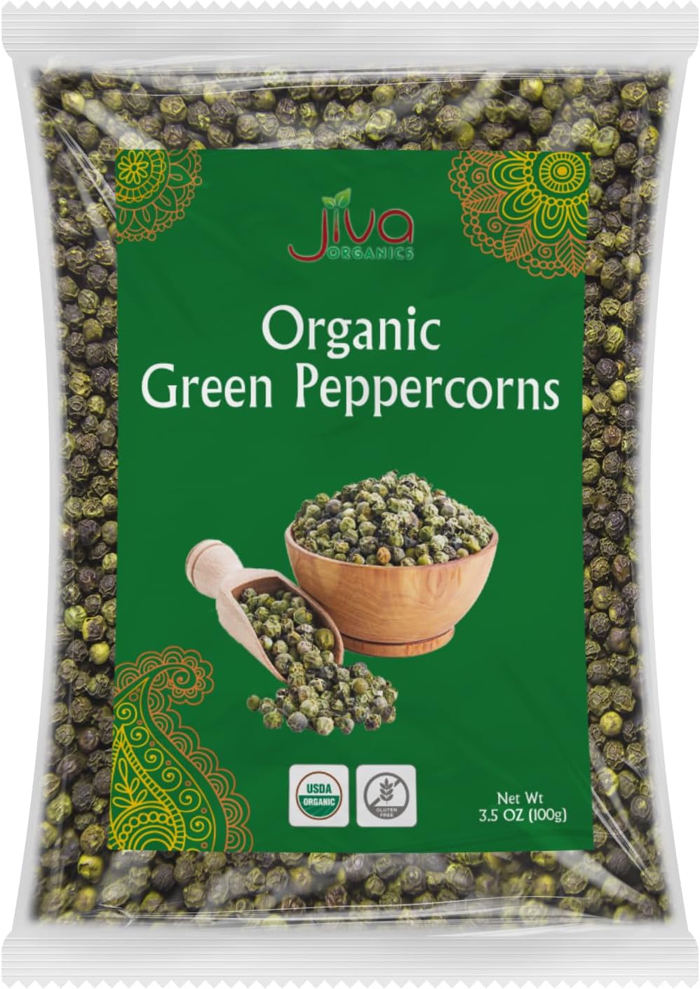 Jiva Organic Green Peppercorns Whole 3.5oz – Premium Ceylon Quality from Sri Lanka, All Natural, Dried, Steam Sterilized – Gourmet Peppercorns for Cooking, Pickling, Sauces & Brines
