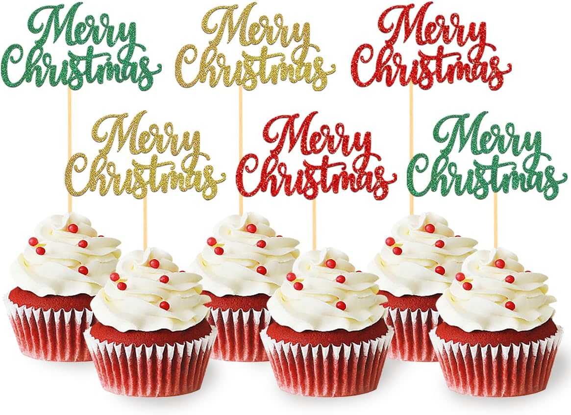 24 PCS Merry Christmas Cupcake Toppers for Christmas Decorations, Xmas Cake Picks for Party Supplies, New Year Ceremony Party Cake Decorations (Pattern C)