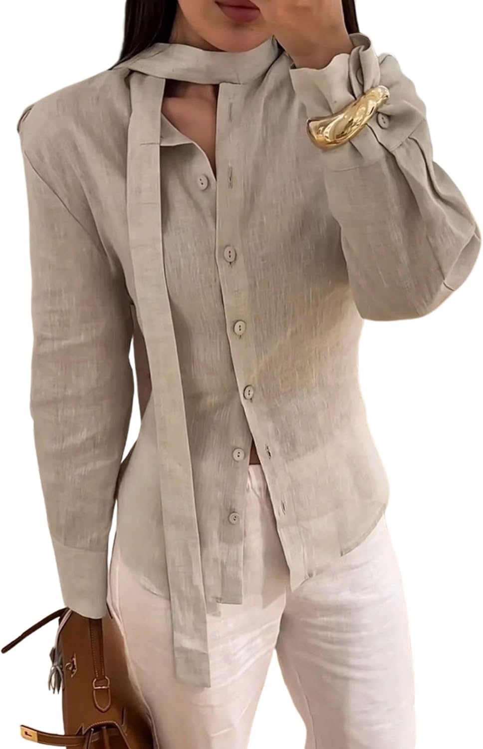 BAIMORE Women's Fashion Elegant Scarf Collar Button Tie Waist Linen Blend Long Sleeve Shirt Suitable for Going Out or Working