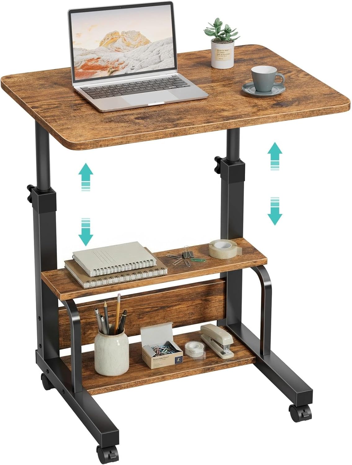 WINAZ C Shaped Rolling Laptop Desk - 24" Rustic Brown Mobile Kids Desk with Wheels for Small Spaces, Height Adjustable Overbed Table with 2-Tier Storage Shelves