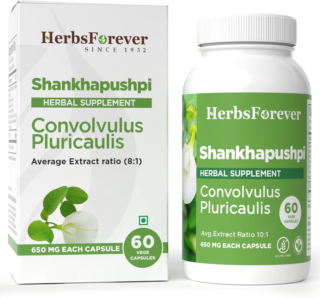 Herbsforever Shankhpushpi(Convolvulus pluricaulis)-Extra Strength(20:1) Extract, Equiv. to 4580mg Plant Powder Per Serving-Brain Tonic & Cognitive Focus|5% Bitters & 1% Alkaloid|60Veg Capsules|650mg