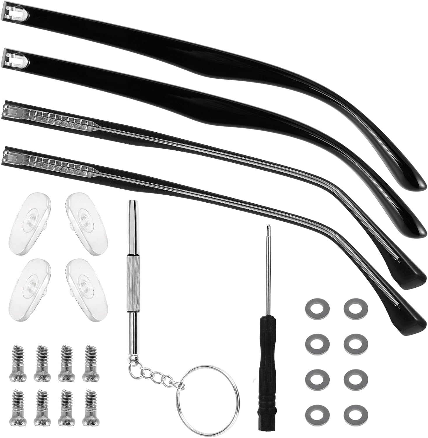 Glasses Replacement Arms Legs 2 Pairs with Eyeglasses Fix Adjustment Accessories with Temple Anti-Slip Silicone Tips Eyewear Repair Kit With Screws Washers Screwdrivers Nose Pads