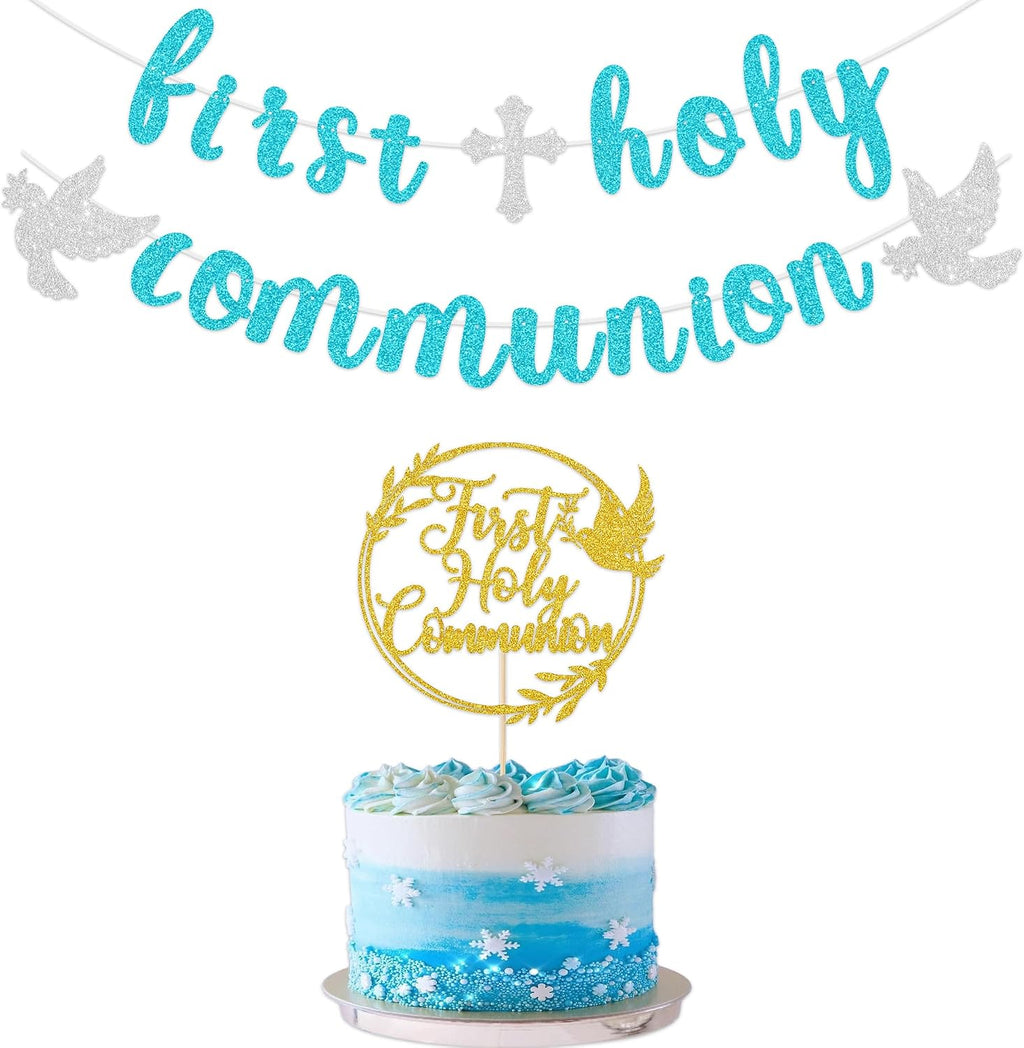 First Communion Decorations, First Holy Communion Banner and First Communion Cake Topper, Baptism Decorations for Boys Girls (blue gold)