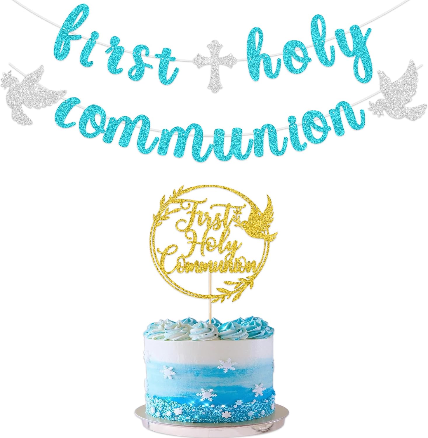 First Communion Decorations, First Holy Communion Banner and First Communion Cake Topper, Baptism Decorations for Boys Girls (blue gold)