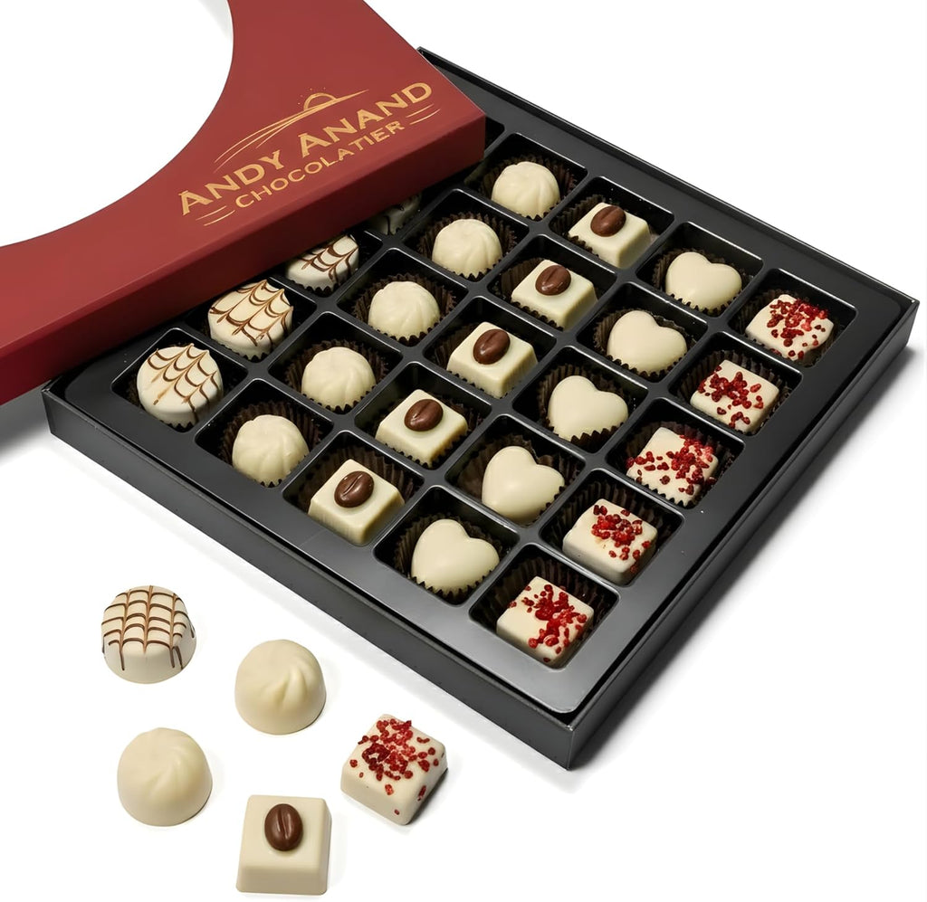 ANDY ANAND CHOCOLATIER Luxury Belgian White Chocolate Truffles - Handmade Assorted Chocolate Flavors - Gourmet Collection with Delectable Ganache - Chocolate Gift Box | Perfect for Chocolate Lovers (24 Pcs)