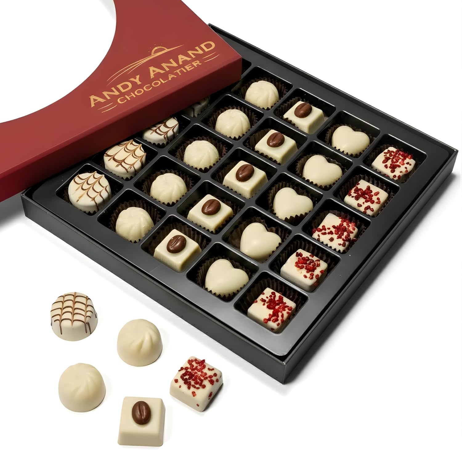 ANDY ANAND CHOCOLATIER Luxury Belgian White Chocolate Truffles - Handmade Assorted Chocolate Flavors - Gourmet Collection with Delectable Ganache - Chocolate Gift Box | Perfect for Chocolate Lovers (24 Pcs)