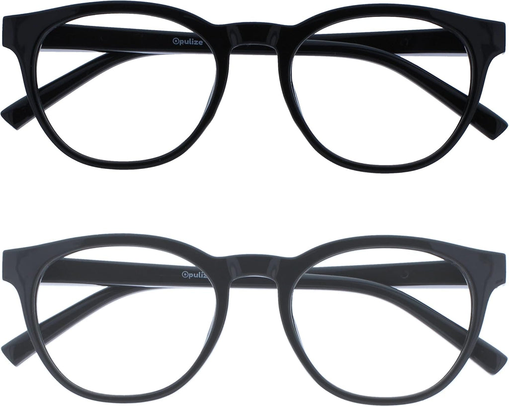 OPULIZE BLU Blue Light Blocking Reading Glasses for Women Men, Cool Round Frame with Anti-Glare Computer and Gaming Eyewear, UV and Eyestrain Protection, Black Grey +3.00 (Pack of 2)