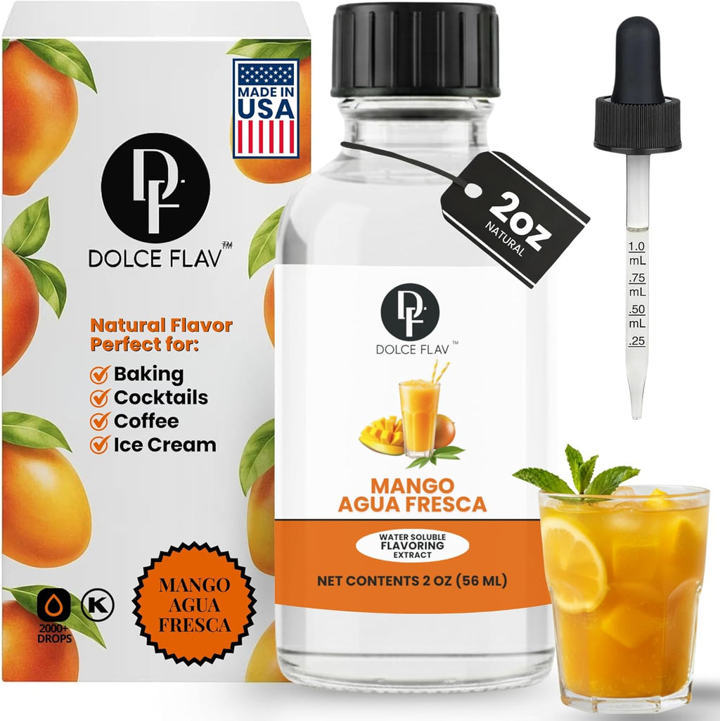 Dolce Flav Natural Mango Agua Fresca Extract, Water-Soluble – 2 oz | Tropical Ripe Mango Flavoring for Beverages, Desserts & Syrups – Sugar-Free, Kosher, Allergen-Free