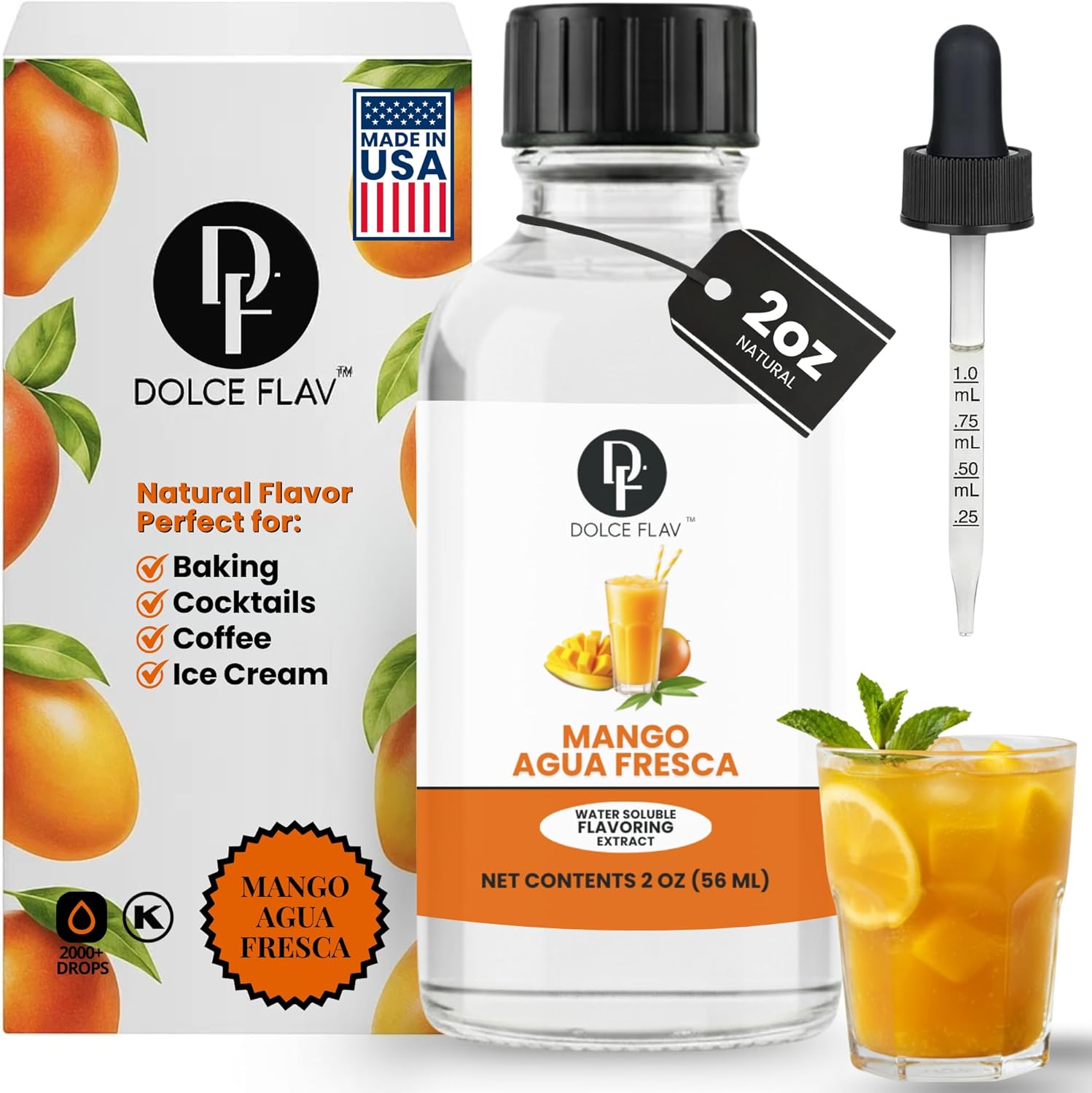 Dolce Flav Natural Mango Agua Fresca Extract, Water-Soluble – 2 oz | Tropical Ripe Mango Flavoring for Beverages, Desserts & Syrups – Sugar-Free, Kosher, Allergen-Free