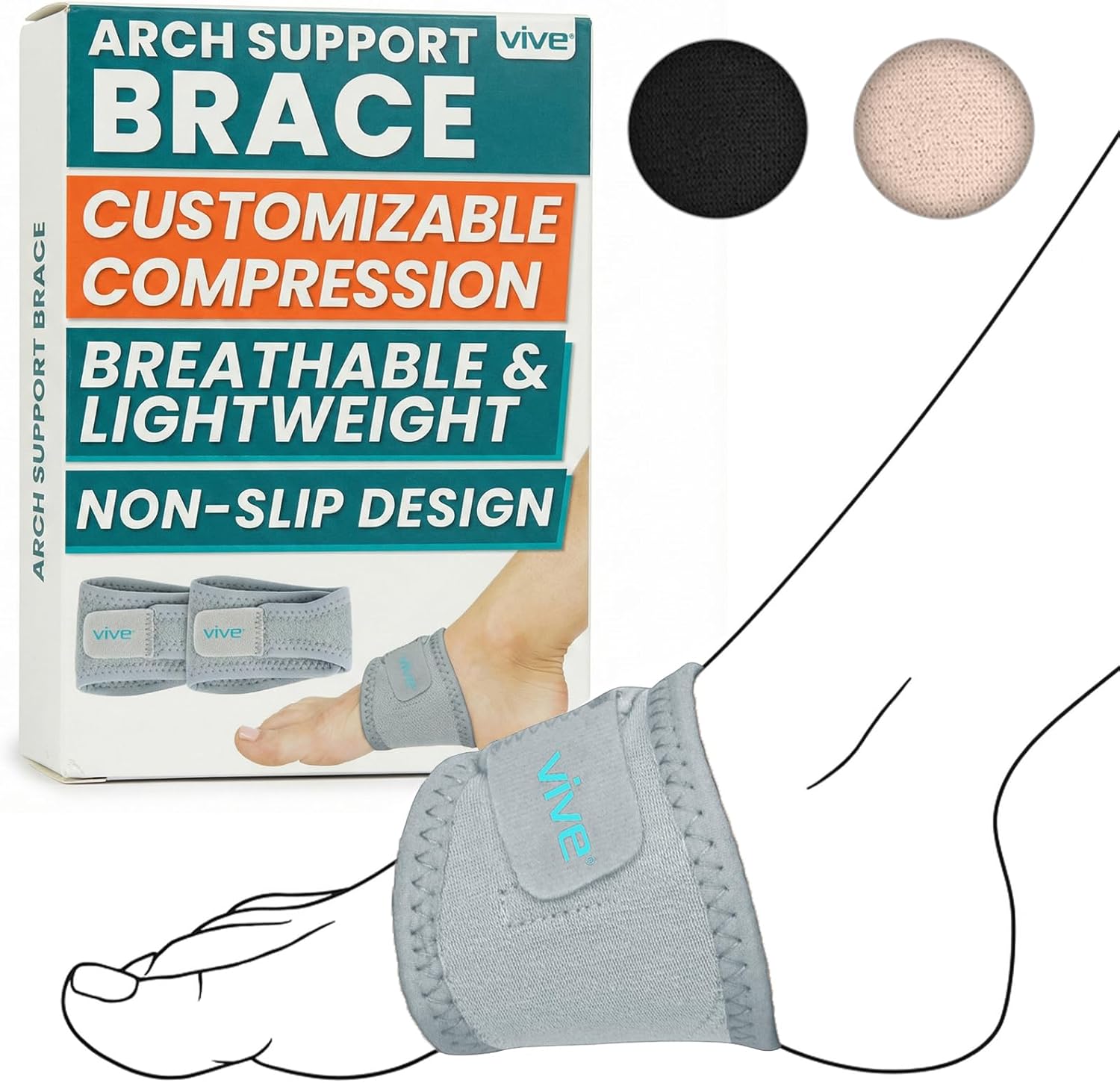 Vive Foot Arch Support Brace (Pair) - Wrap Corrector for Flat Feet, Plantar Fasciitis, Pain Relief, Fallen Arches - Compression Sleeve Strap, Gel Bands Inserts for Women & Men, Wear Under Socks (Gray)