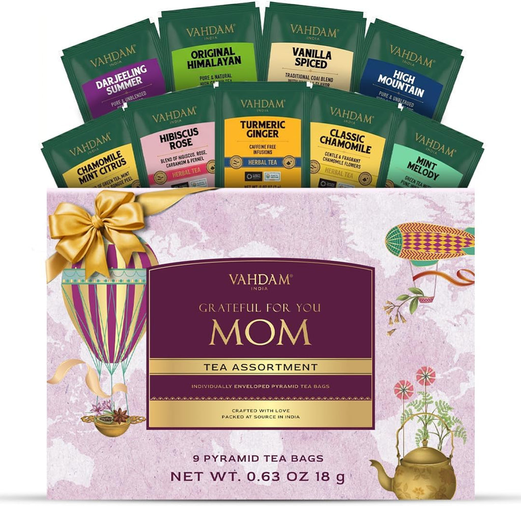 Limited Edition - Mothers Day Gifts for Mom from Son, Daughter | Assorted Tea Gift Set - 9 Tea Variety Pack | Long Leaf Pyramid Tea Bags | Mothers Day Gifts for Mom/Grandmother | VAHDAM