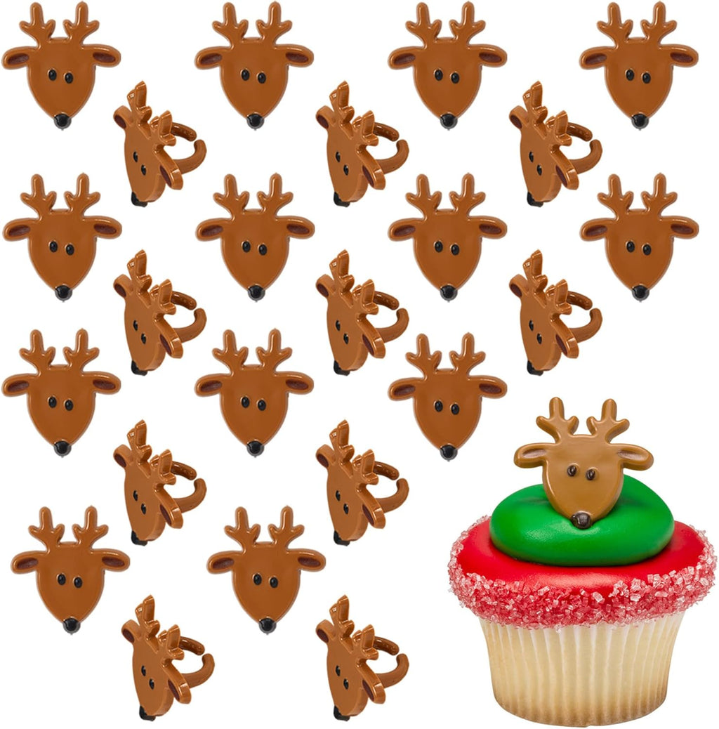 DecoPac Reindeer Face Cupcake Rings, 24 Christmas Cupcake Toppers For Festive Parties & Celebrations, Food Safe Cake Toppers – 24 Pack