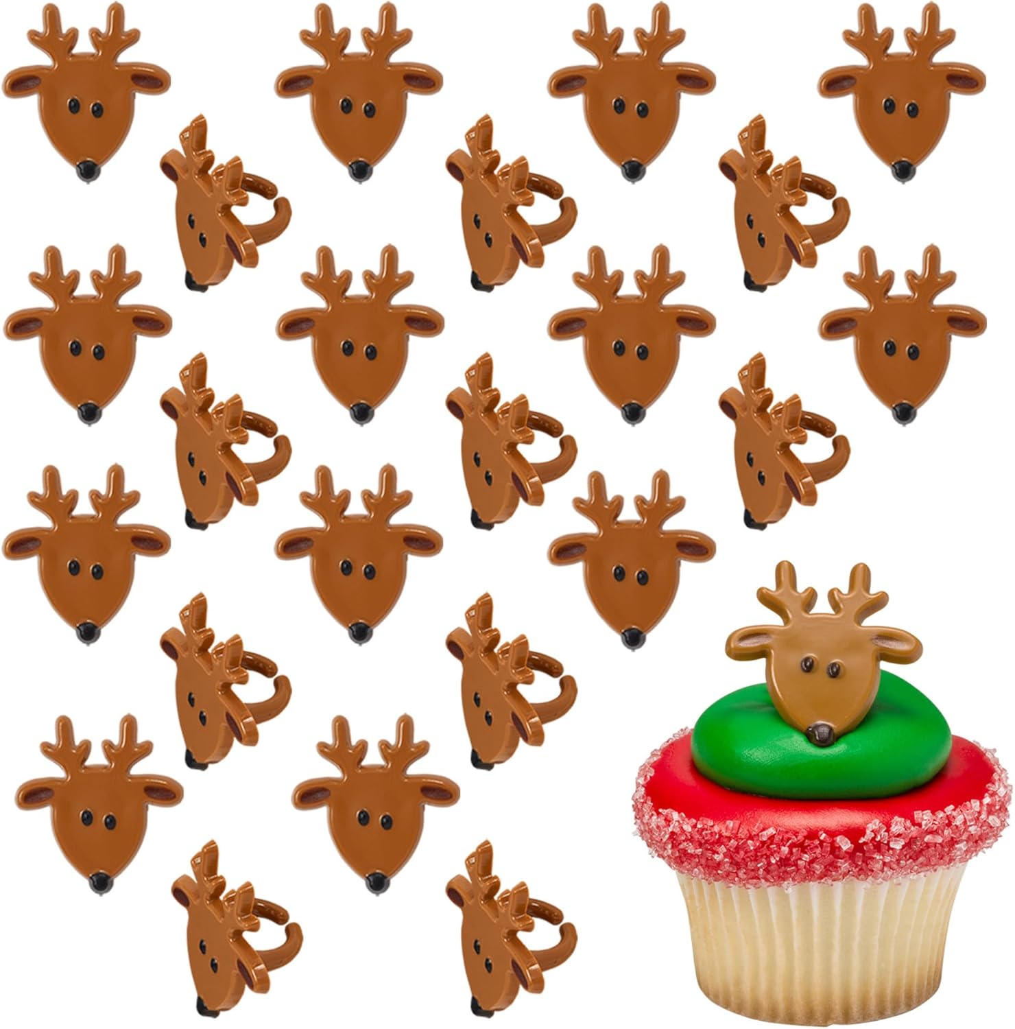 DecoPac Reindeer Face Cupcake Rings, 24 Christmas Cupcake Toppers For Festive Parties & Celebrations, Food Safe Cake Toppers – 24 Pack
