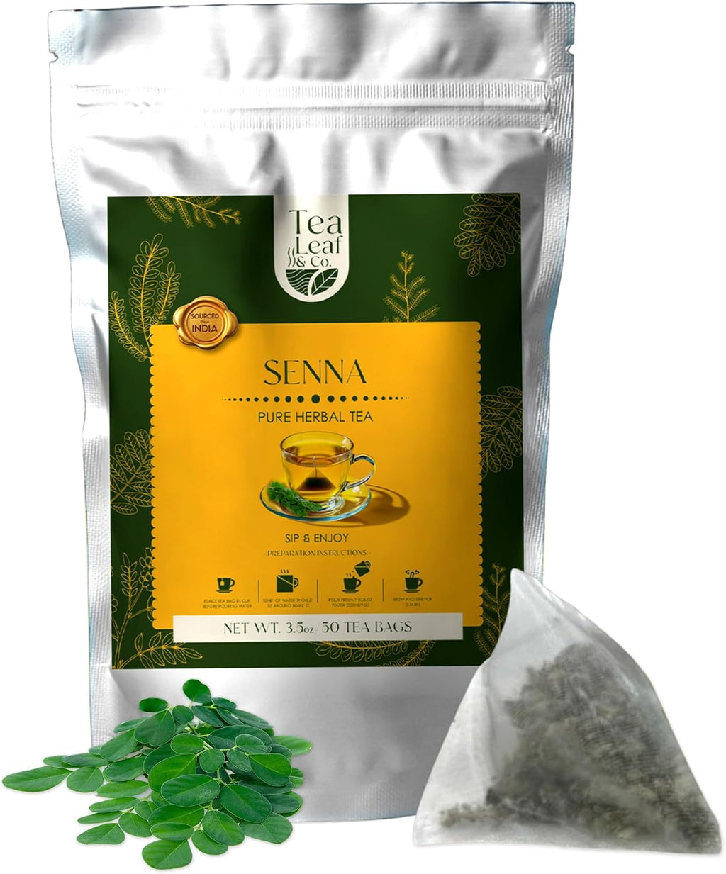 Tealeaf & Co. Senna Tea Blended with Fresh Herbs - Pure Herbal Tea Bags with Senna Leaves Extract - Flavored Herbal Blend - Low Caffeine - Gluten Free - 50 Teabags