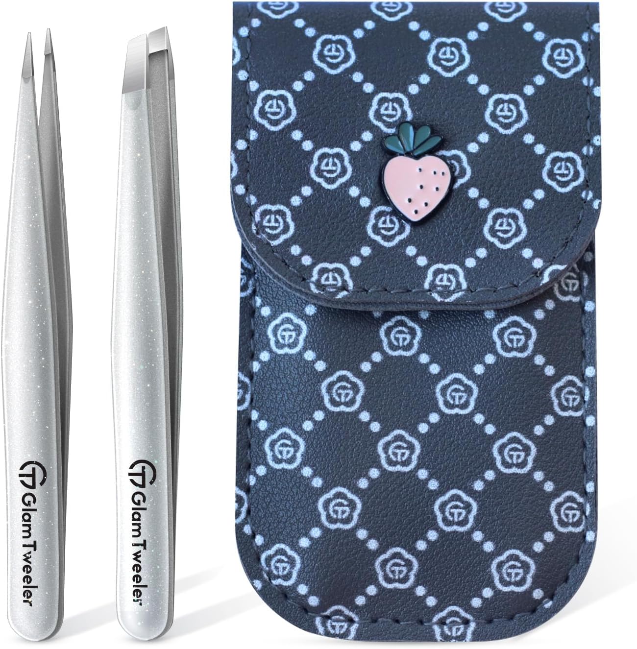 Expert Slant and Point Tip Tweezer Set with Exclusive Storage & Carrying Case, GlamTweeler Sharp & Precision Tweezer Set for Eyebrows, Facial Hairs and Fine Hairs Removal (Sparkle Silver)