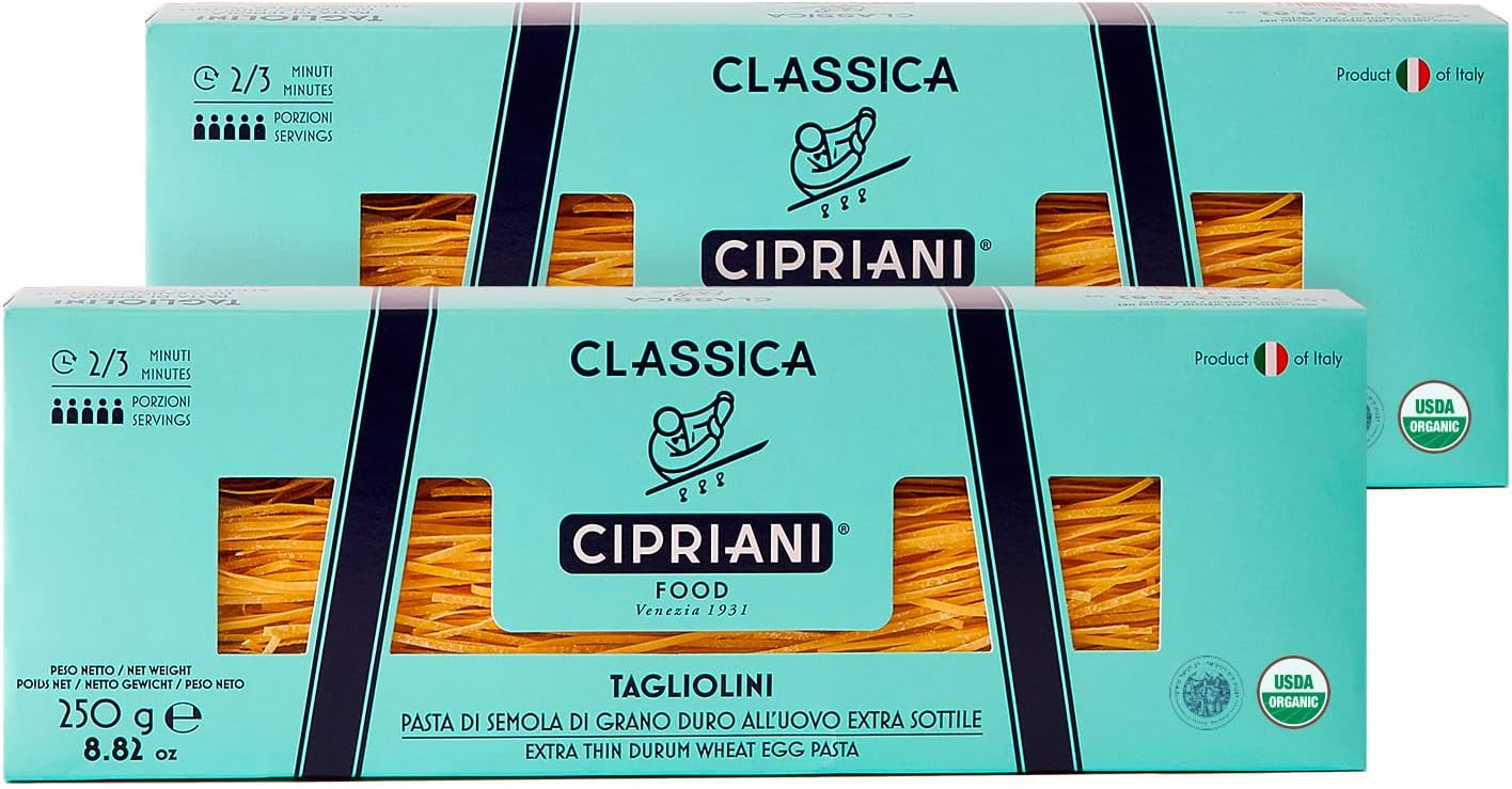 Cipriani Food Tagliolini Egg Pasta Noodles - USDA Organic Italian Pasta, Extra Thin Egg Noodle from Italy, Non-GMO & Kosher - 250 Gram (Pack of 2)