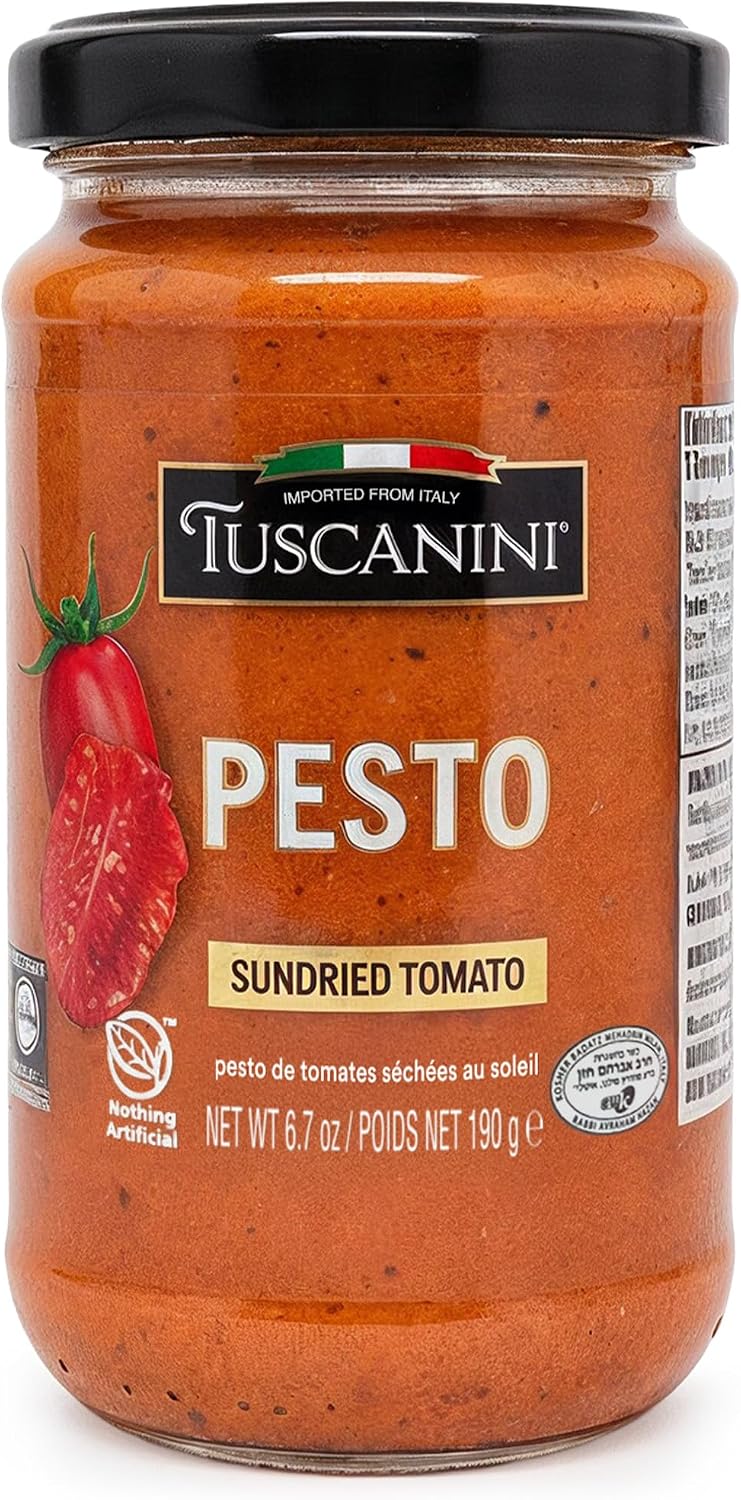 Tuscanini Sun-Dried Tomato Pesto, 6.7 oz | Italian Gourmet Pesto with Cashews & Sunflower Oil | Dairy-Free | Kosher | Nothing Artificial | Bold & Rustic Flavor