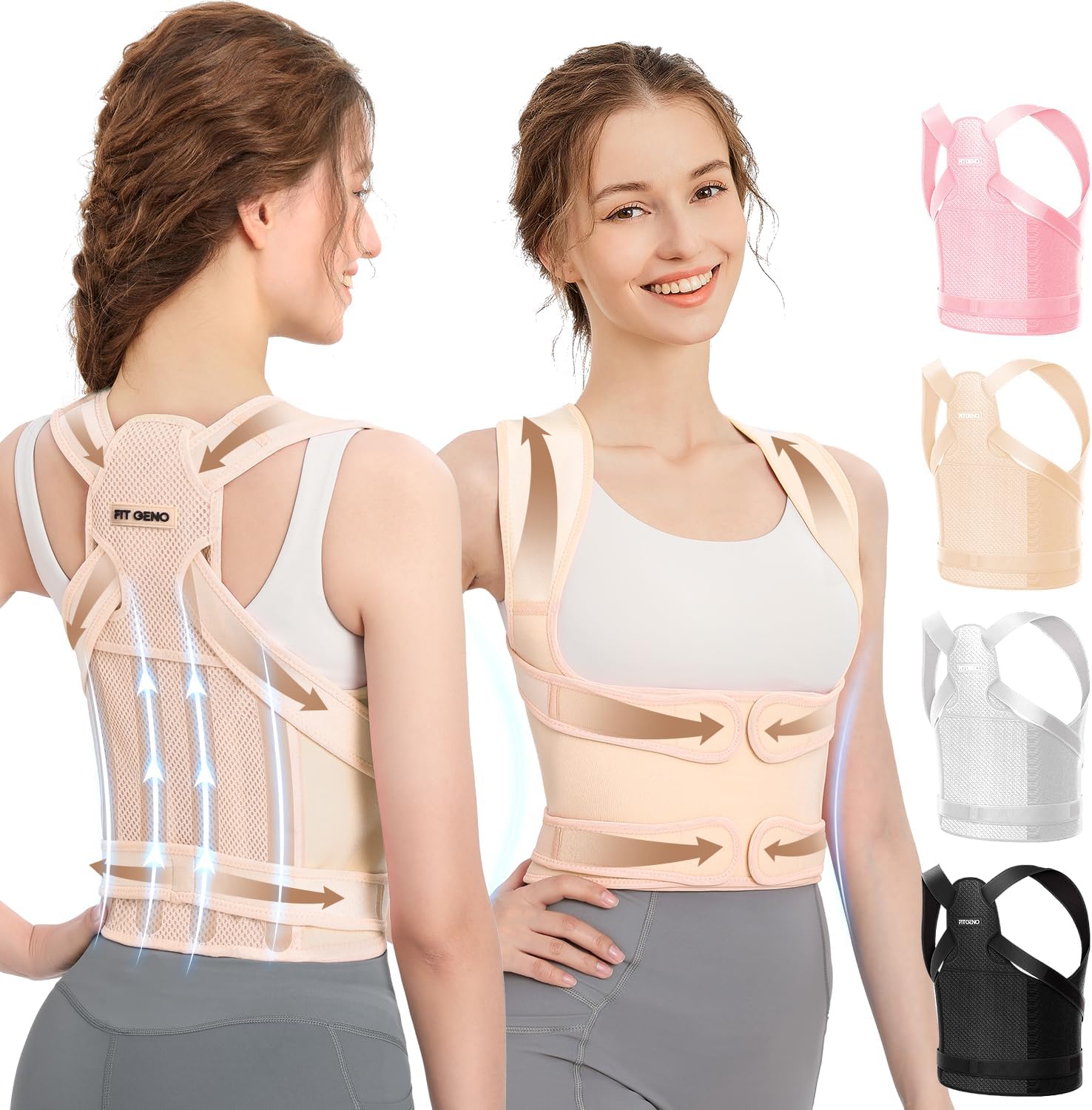Fit Geno Back Brace Posture Corrector for Men & Women: Shoulder Straightener Adjustable Full Back Support Pain Relief - Scoliosis Hunchback Spine Corrector (Medium/Large)
