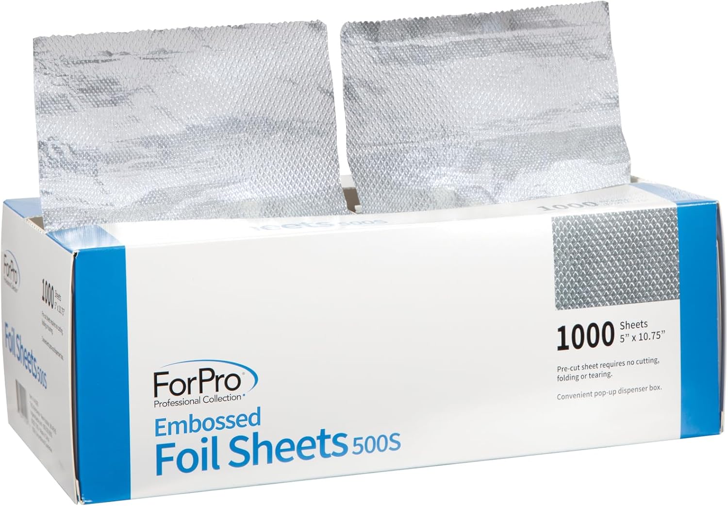 ForPro Professional Collection Embossed Foil Sheets 500S, Aluminum Foil, Pop-Up Foil Dispenser, Hair Foils for Color Application and Highlighting Services, Food Safe, 5" W x 10.75" L, 1000-Count