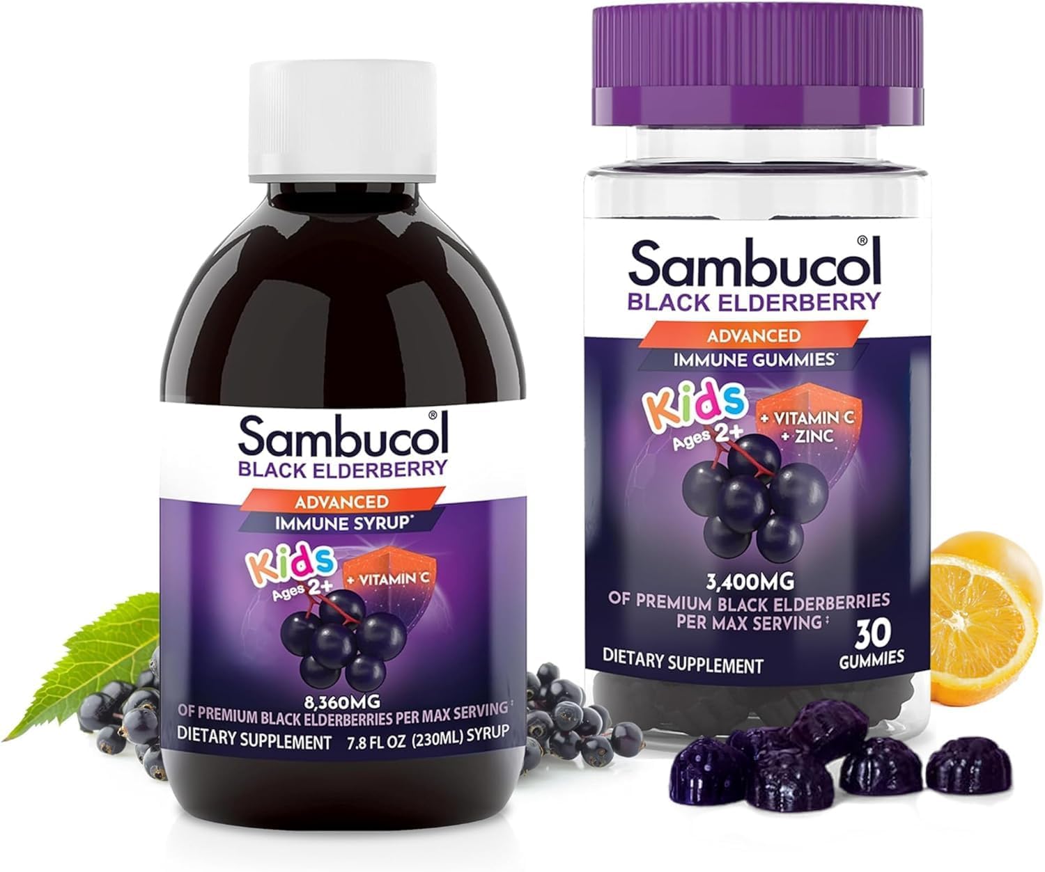 Sambucol Black Elderberry Syrup and Gummies for Kids - Elderberry Supplement with Vitamin C and Zinc, Syrup & Chewable Gummies for Children - 7.8 Fl Oz, 30 Count Bundle