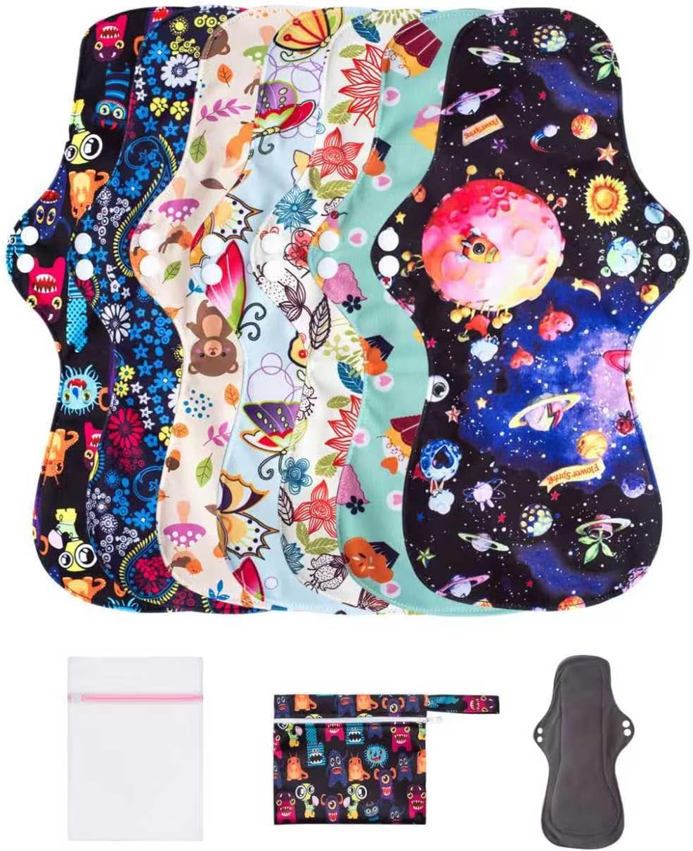LUCKYPADS Overnight Reusable Menstrual Pads with Wings, 7 Pcs Washable Cloth Pads & Period Pads for Women, Extra Long (5.9×13.7 Inches) Postpartum & Heavy Flow Pads with Wet Bag & Laundry Bag