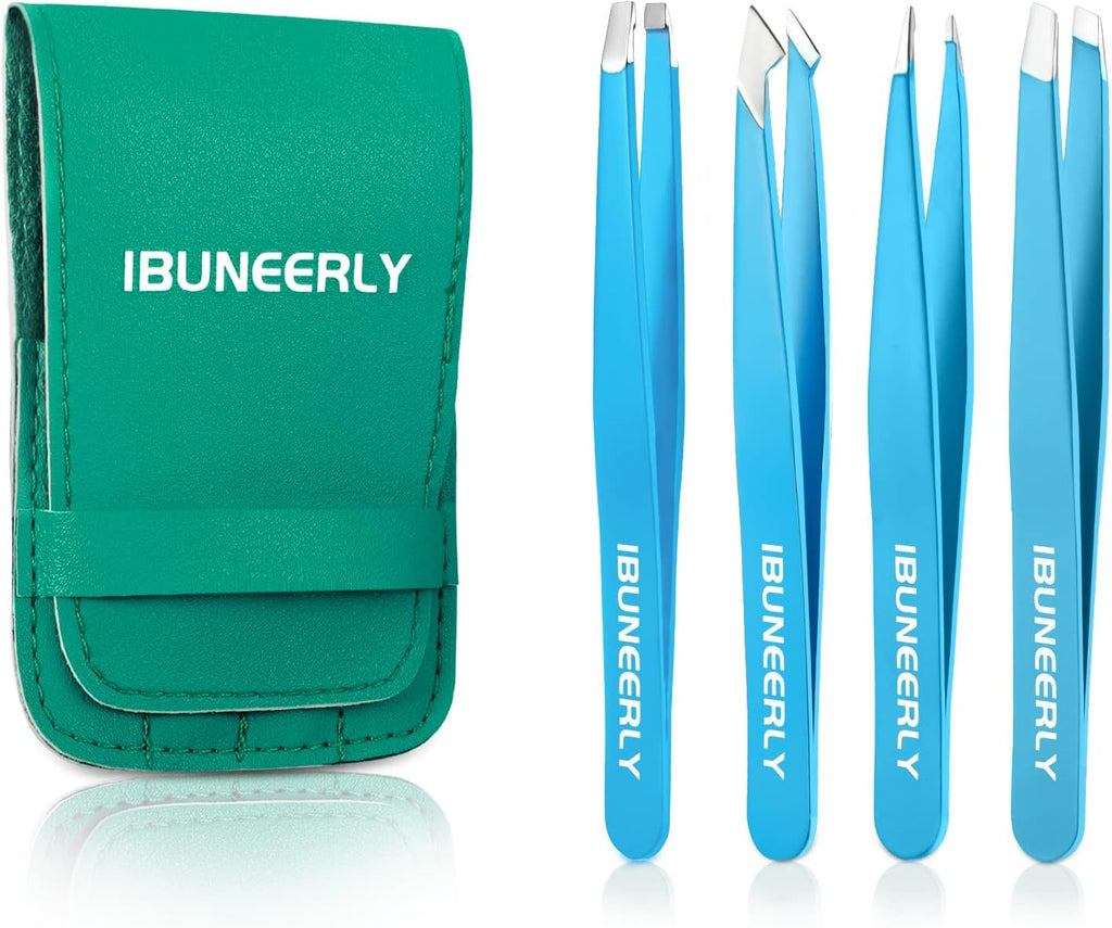 Eyebrows Tweezers Set, 4Pcs Stainless Steel Tweezers for Women with Travel Case, Great Precision for Ingrown Hair, Facial Hair and Splinter Removal