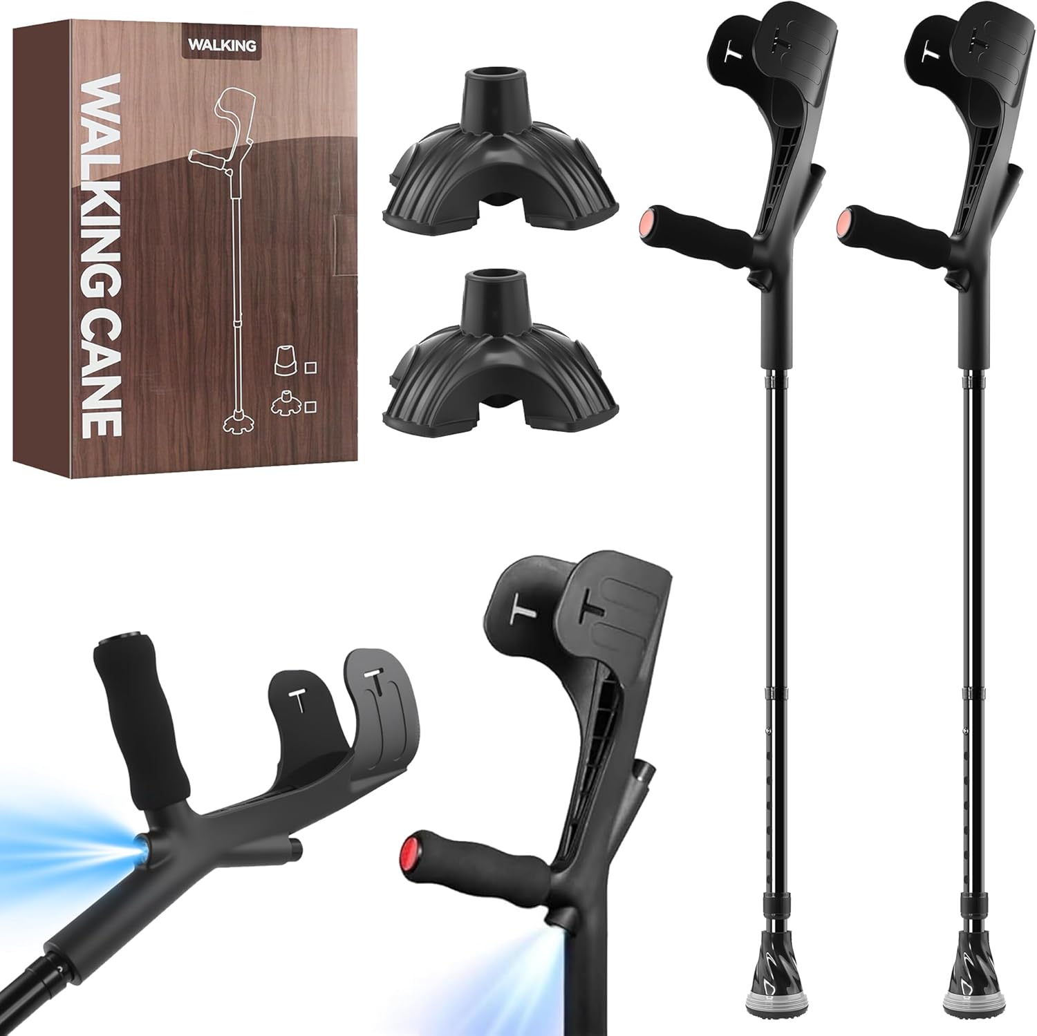 2 Pcs Forearm Crutch for Adults with Light, Foldable Lightweight and Adjustable with Handle Pads, Aluminum Crutches for Heavy Duty Work Walking (Black)