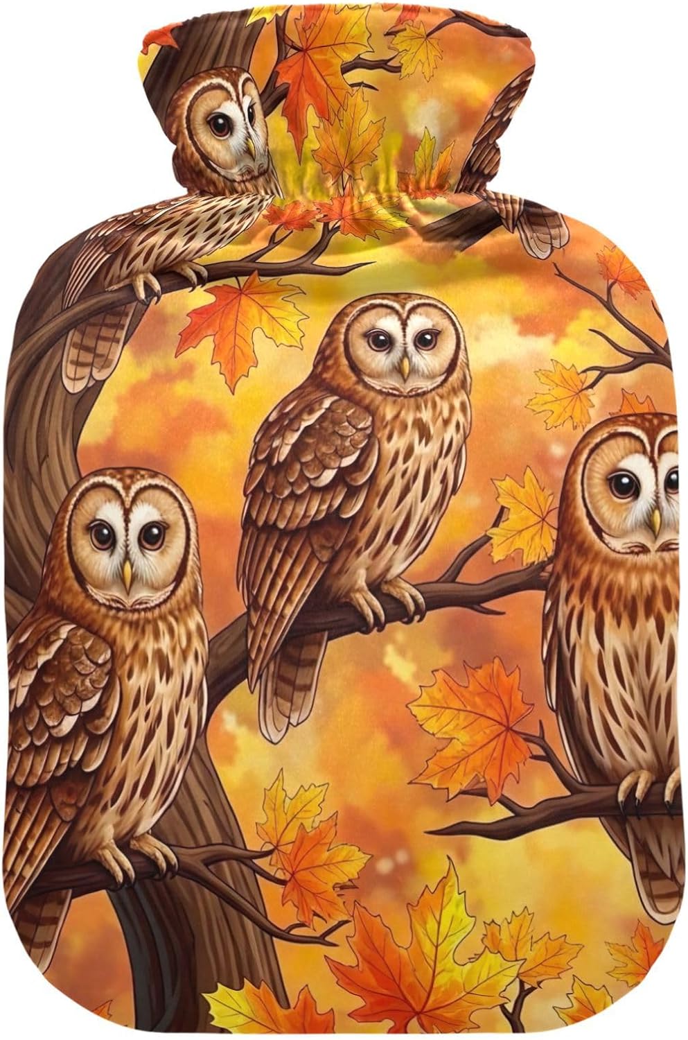 Owls Perched Tree Branches Leaves Hot Water Bottles with Soft Velvet Cover Hot Water Bag for Hot and Cold Compress Medium
