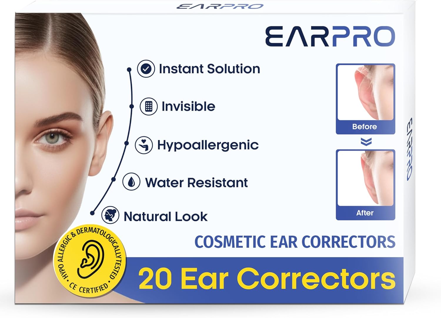 EarPro Cosmetic Ear Corrector – Stronger Adhesive Stickers, Hold Back Protruding Ears Without Surgery – Invisible, Water-Resistant Patches for Adults to Correct Ear Position – 20 Pack – Clear One Size