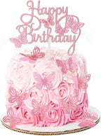 13pcs Happy Birthday Cake Topper for Girls Women's Pink Cake Decorations Wedding Butterfly Beautiful Glitter Butterfly Party Supplies Cupcake Decorators Suitable for Girls Birthday Celebrations