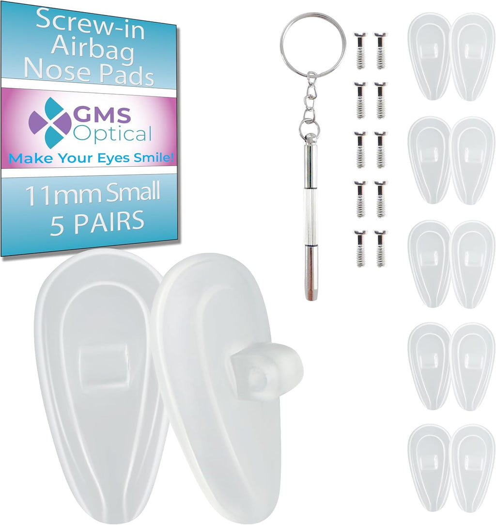GMS Optical Comfort Line - 7mm Regular Wide/11mm Small Length - Air Bag Screw-in Soft Silicone Nose Pads for Glasses, Sunglasses, Glasses Repair Kit with Screws, Keep Glasses from Sliding (5 Pair)
