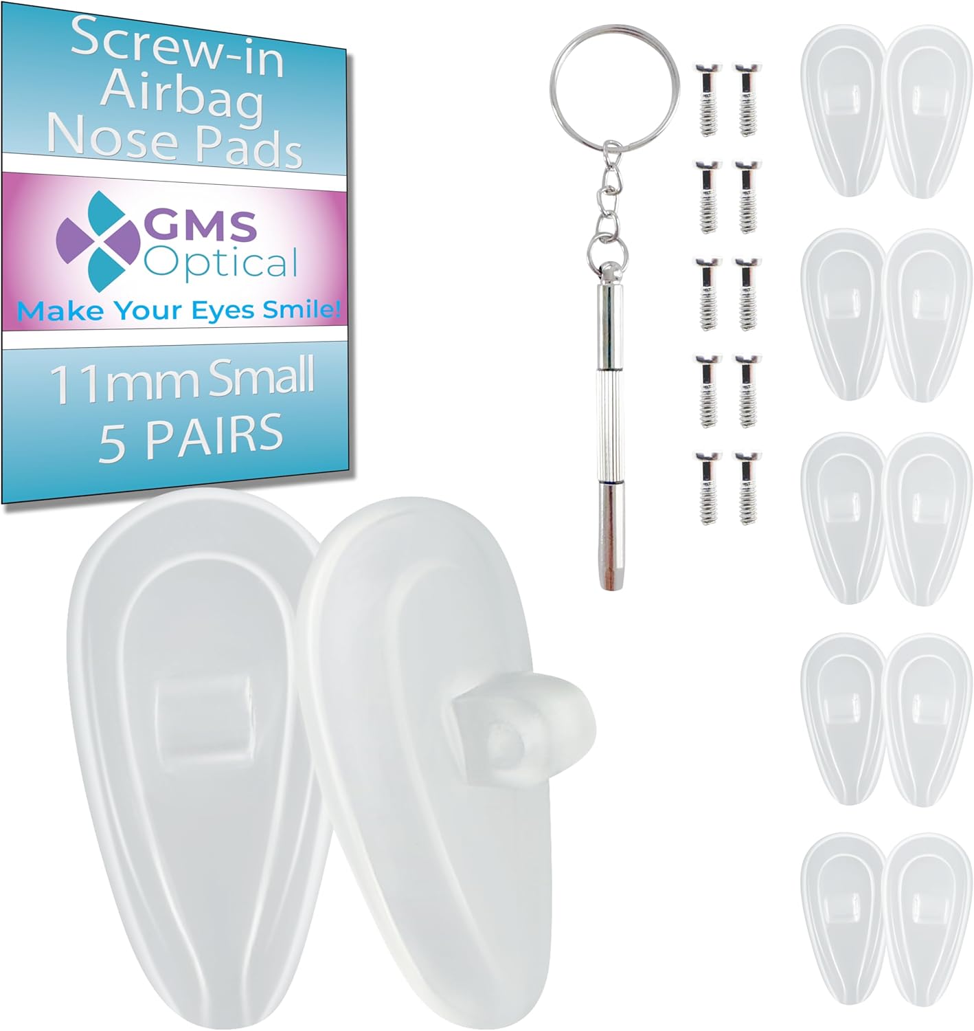 GMS Optical Comfort Line - 7mm Regular Wide/11mm Small Length - Air Bag Screw-in Soft Silicone Nose Pads for Glasses, Sunglasses, Glasses Repair Kit with Screws, Keep Glasses from Sliding (5 Pair)
