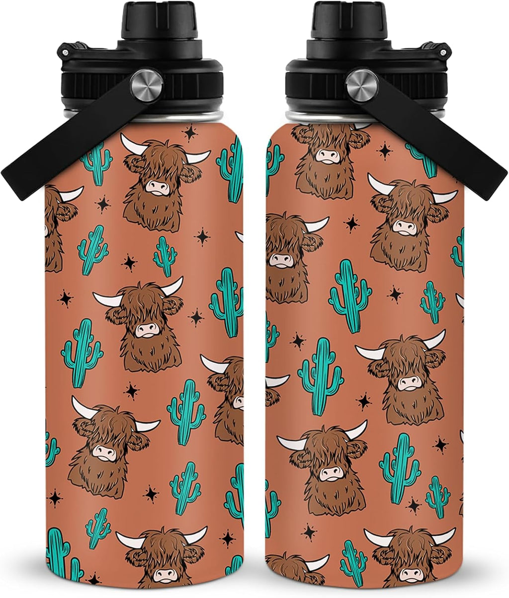 Highland Cow Water Bottle 32 Oz, Gifts For Cowgirls, Western Highland Cow Tumbler, Western Cows Gifts For Cowgirl Women, Yak Cows Insulated Stainless Steel Coffee Cup