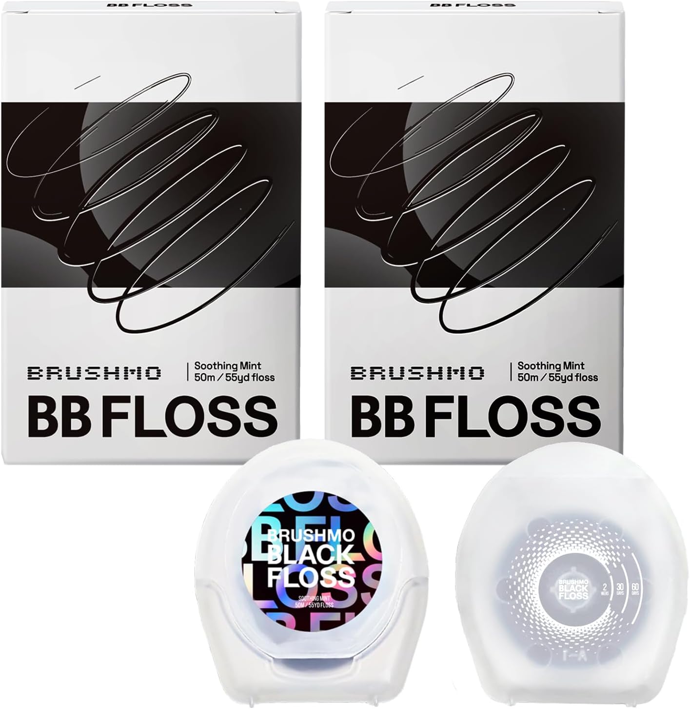 Brushmo Black Floss (BBFloss) - Expanding Floss, Gum-Friendly Soothing Mint Dental Floss, Natural Vegan Wax to Remove Plaque from Teeth, Dentist Designed PTFE & PFAS Free Oral Care, 2 Spools, 110 yd