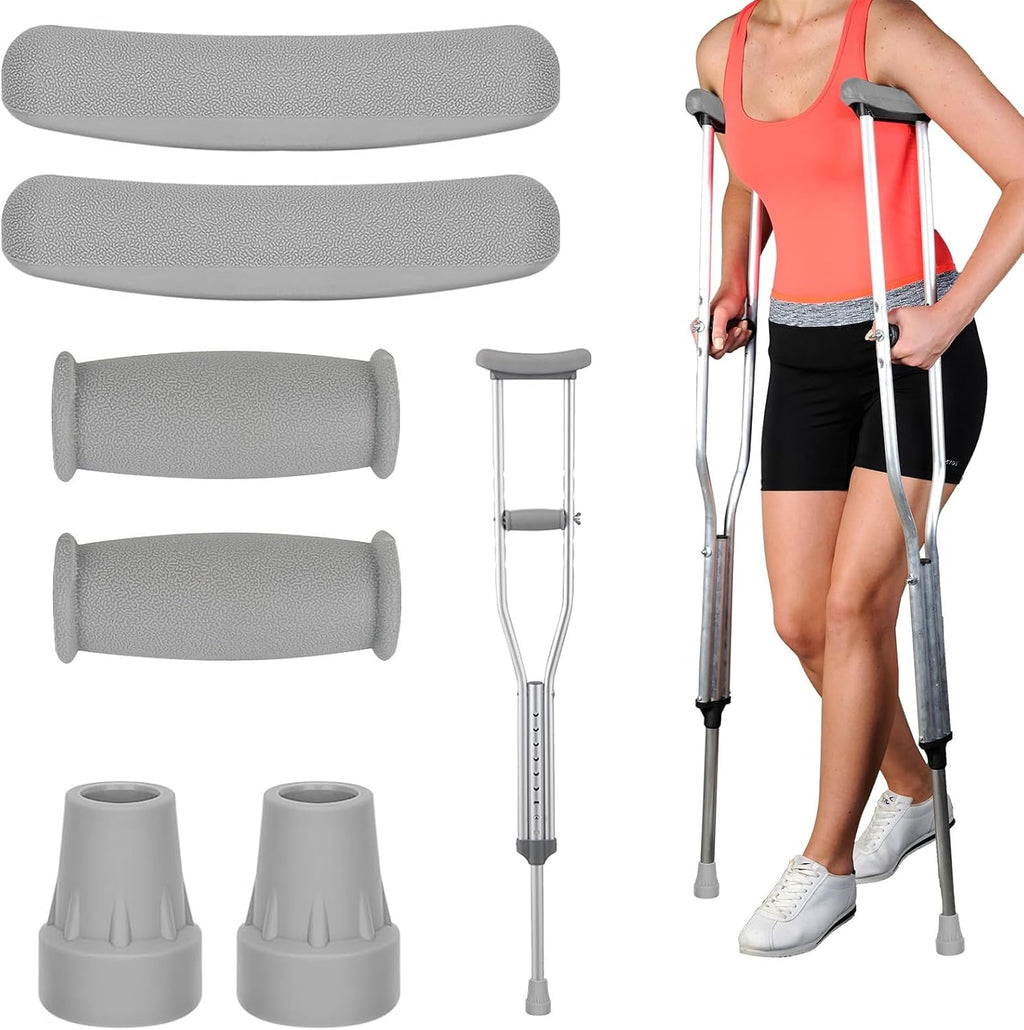 DXMWWTP Replacement Crutch Pads, 6 Pcs, Gray, Latex-Free, Rubber Grip, 1.25-1.5 inch, Textured, Crutch Accessories, Universal, Aluminum Crutches