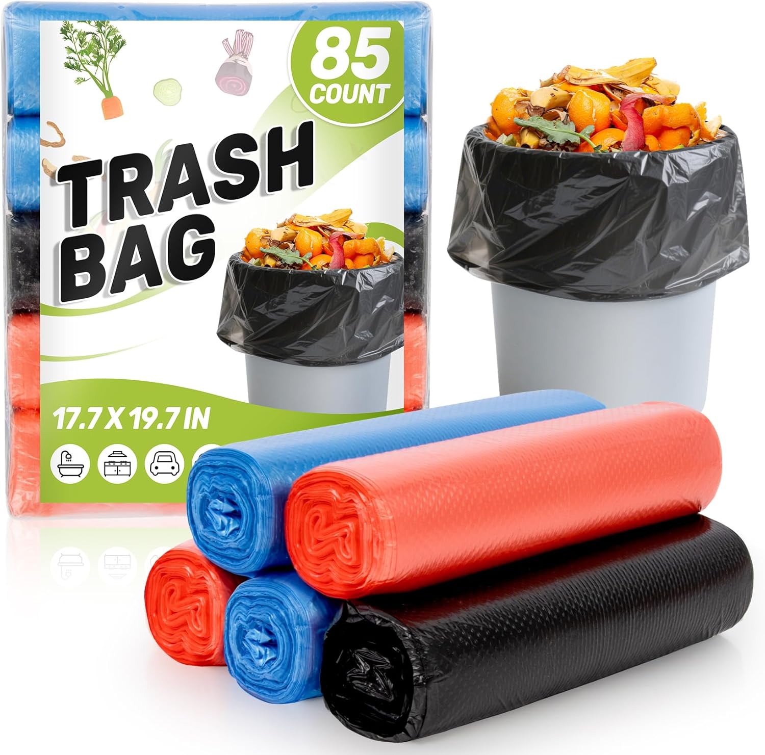 85 Pcs Small Trash Can Bags - MAQIHAN 2.6 Gallon Small Plastic Garbage Bags Trash Can Liner Garbage Bag for Bathroom Bedroom Kitchen Living Room College Dorm Office Home Essentials (Black,Red,Blue)