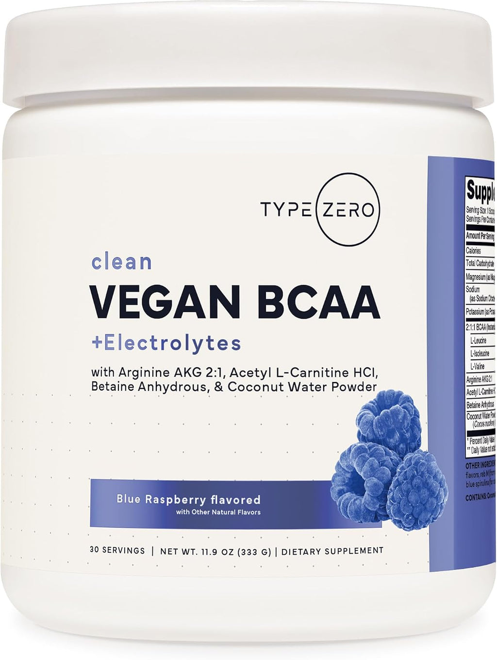 Type Zero Ultra Clean Vegan BCAA Powder + Electrolytes (Blue Raspberry | 6G) 2:1:1 Sugar-Free/No Sucralose BCAAs Amino Acids Supplement - BCAA Vegan Amino Acids After Workout Drink, 30 Servings