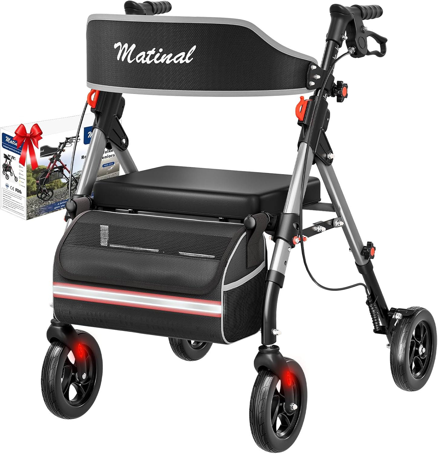 Walkers for Seniors, Rollator Walker with Seat, Walkers for Seniors with seat, 350 lb Capacity,with 8'' Big Wheels, Rolling Walker (Silver)
