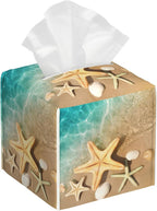 Beach Theme Tissue Box Holder Seashell Starfish Print Tissue Box Cover Square Leather Tissue Holder Organizer Portable Decorative Facial Paper Case for Home Office Bathroom Vanity Countertop