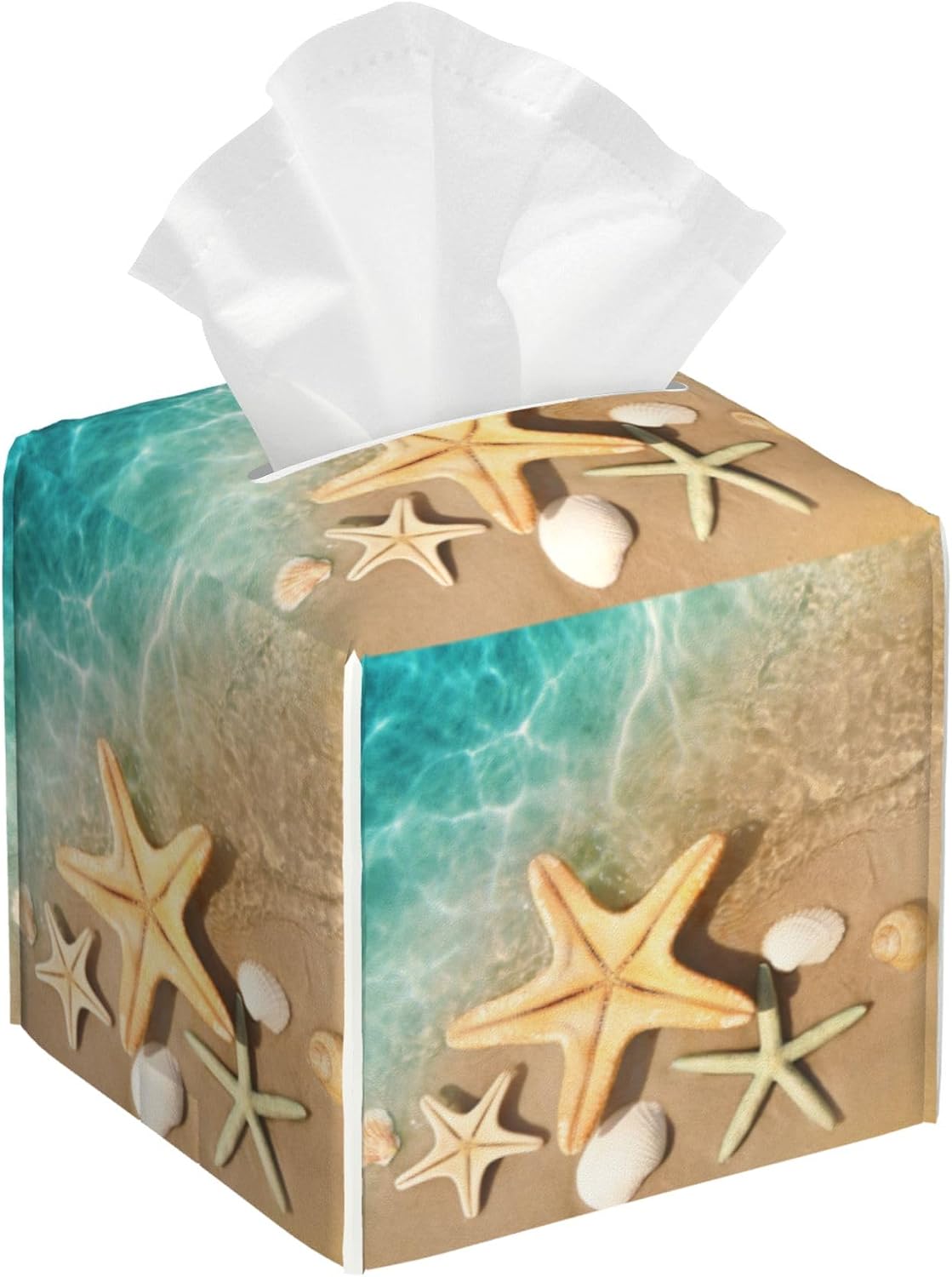 Beach Theme Tissue Box Holder Seashell Starfish Print Tissue Box Cover Square Leather Tissue Holder Organizer Portable Decorative Facial Paper Case for Home Office Bathroom Vanity Countertop