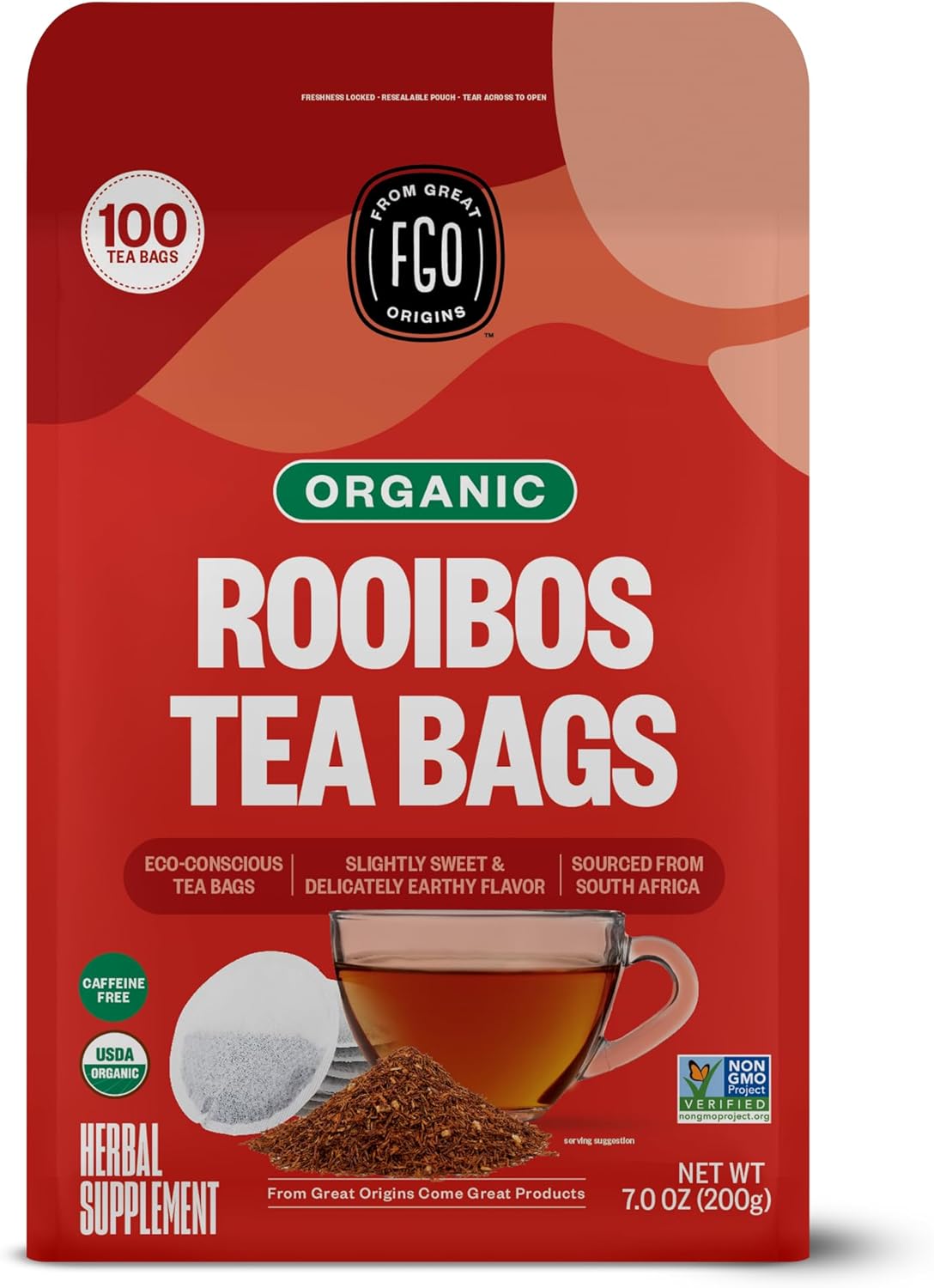 FGO Organic Rooibos Tea, 100 Count, Eco-Conscious Tea Bags, Caffeine Free, Packaging May Vary (Pack of 1)