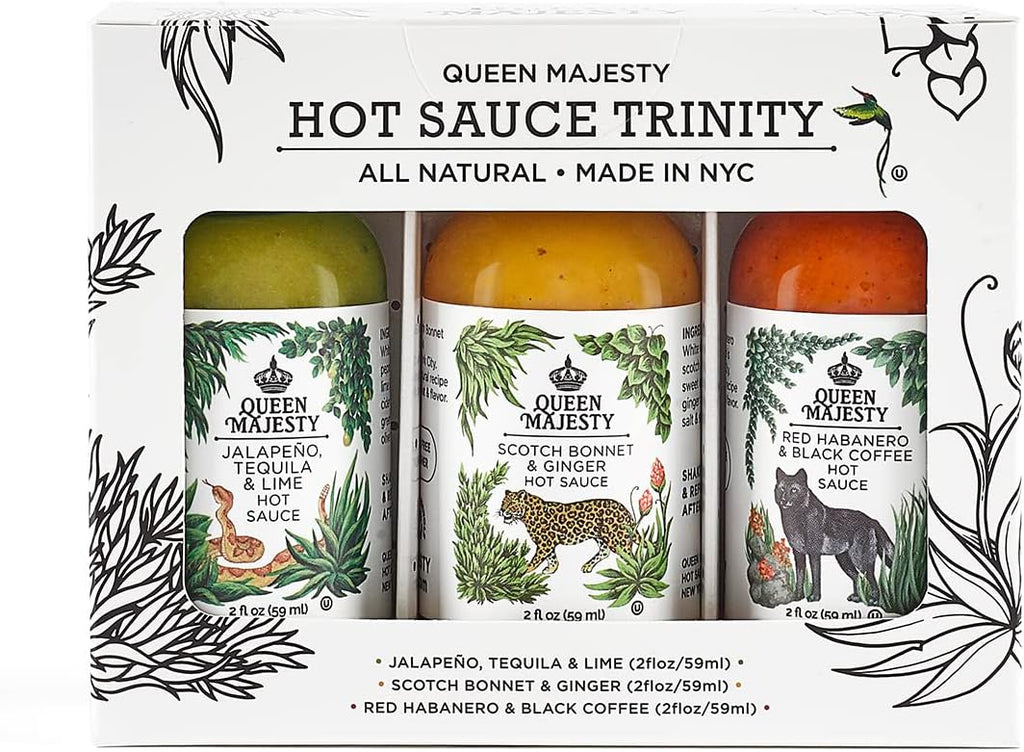 Queen Majesty 2OZ HOT SAUCE SAMPLER, Mini 2 oz - Jalapeño, Scotch Bonnet, Red Habanero/Award Winning Sauces - All Natural, Kosher, Vegan, Gluten Free, No Sugar, Made In NYC - Seen on Hot Ones